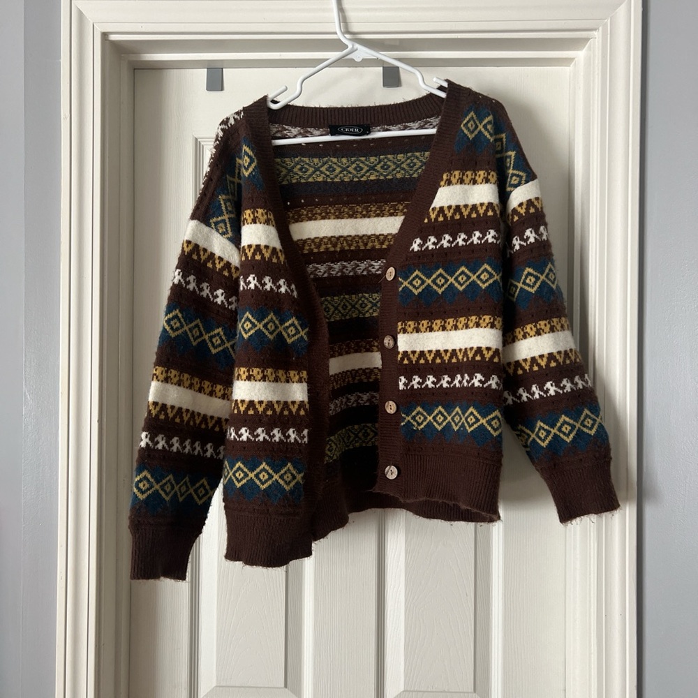 Brown and White Fair Isle Cardigan Sweater